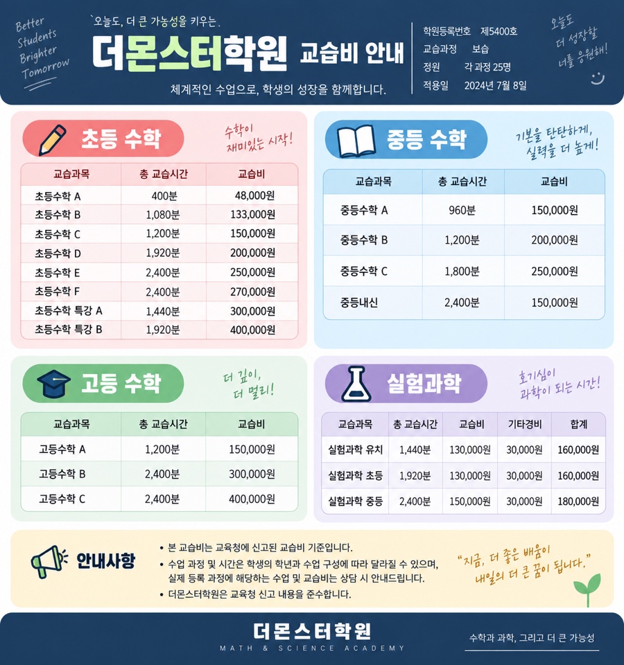 더몬스터학원 교습비 안내